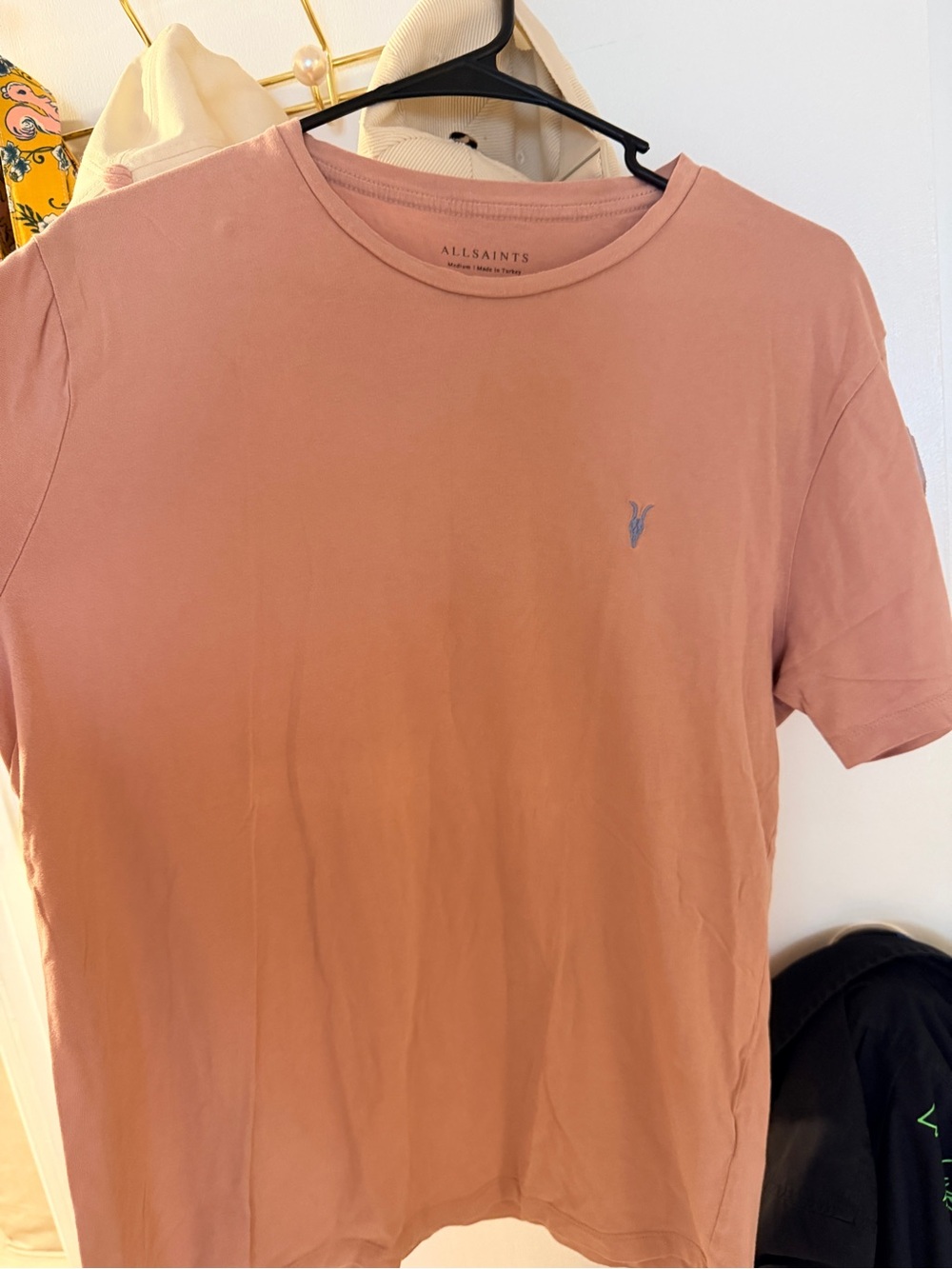 AllSaints Men’s Dusty Rose Crew Neck Tee with Subtle Logo